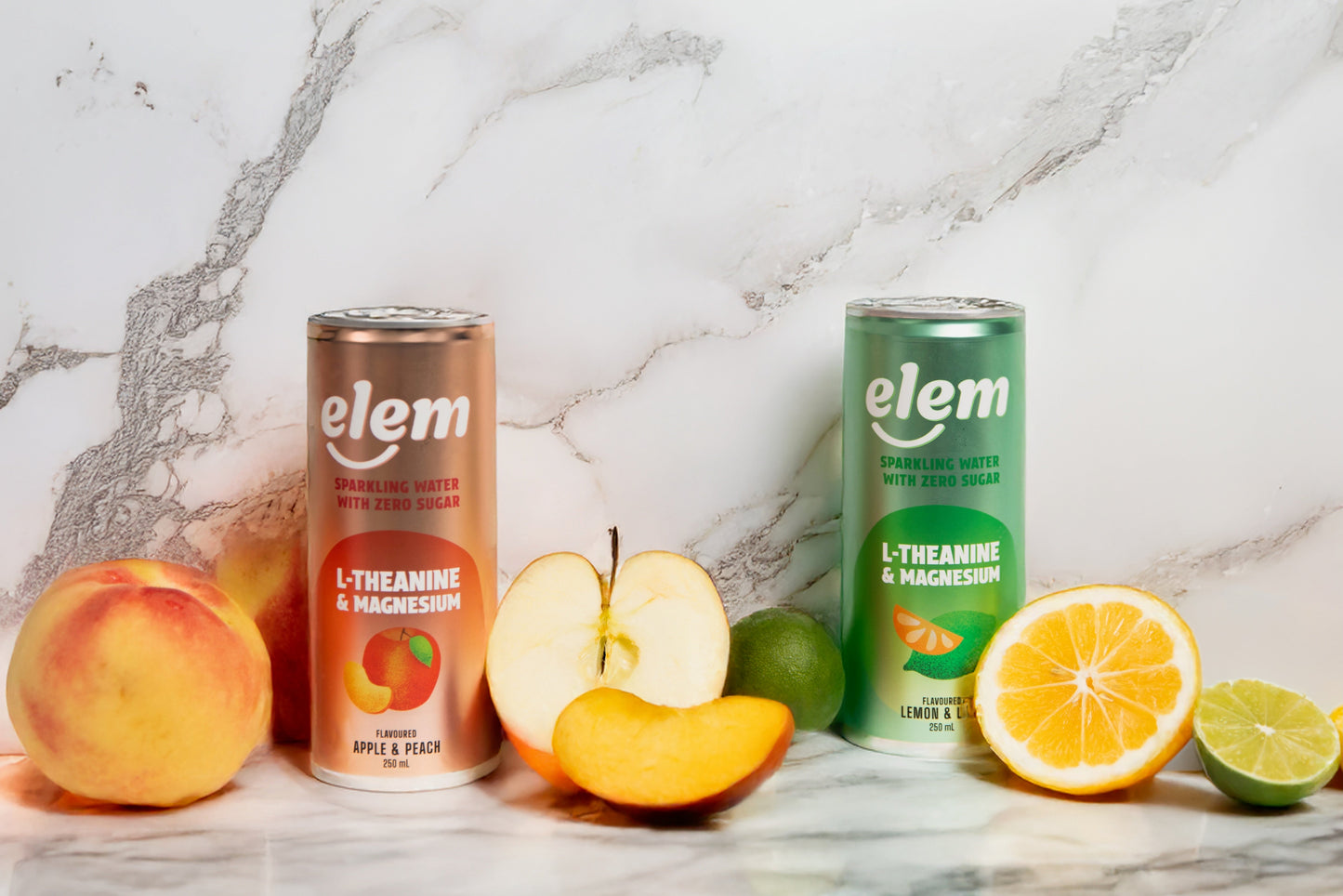 functional sparkling water with magnesium & l-theanine, apple & peach, lemon & lime